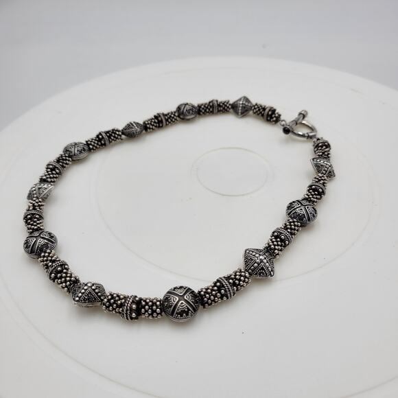 Vintage 925 Granulated Silver Bead Necklace 17" Heavy Gem Stone Toggle‎ Handmade - Picture 8 of 12